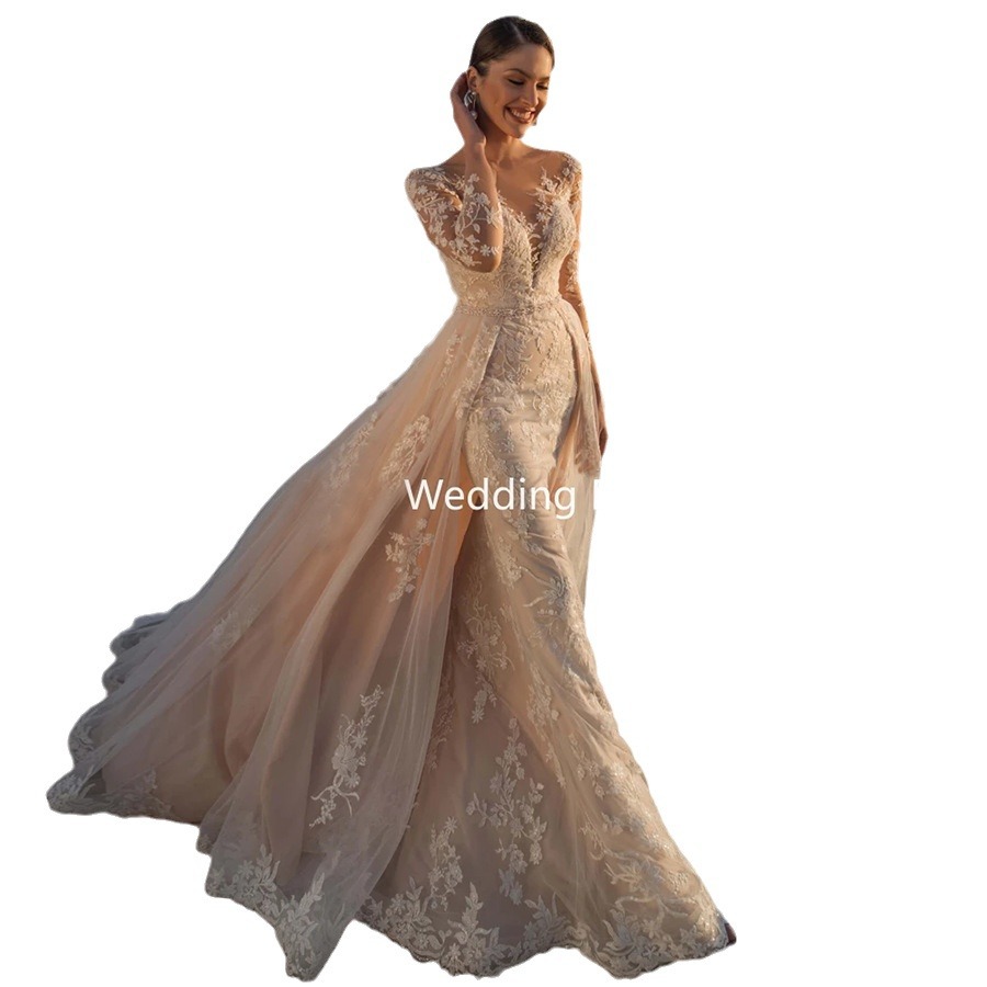 Women's Clothing 2024 new princess bride fishtail wedding dress white trailing transparent backless lace wedding dress l two piece set_voghion.com