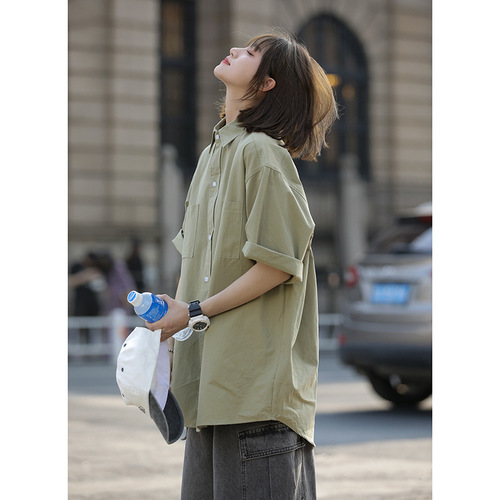 Green Workwear Short-Sleeve Shirt for Men, Trendy Brand, City Boy, Japanese Couple's Style, 7/8 Sleeve Blouse, Summer Thin Version