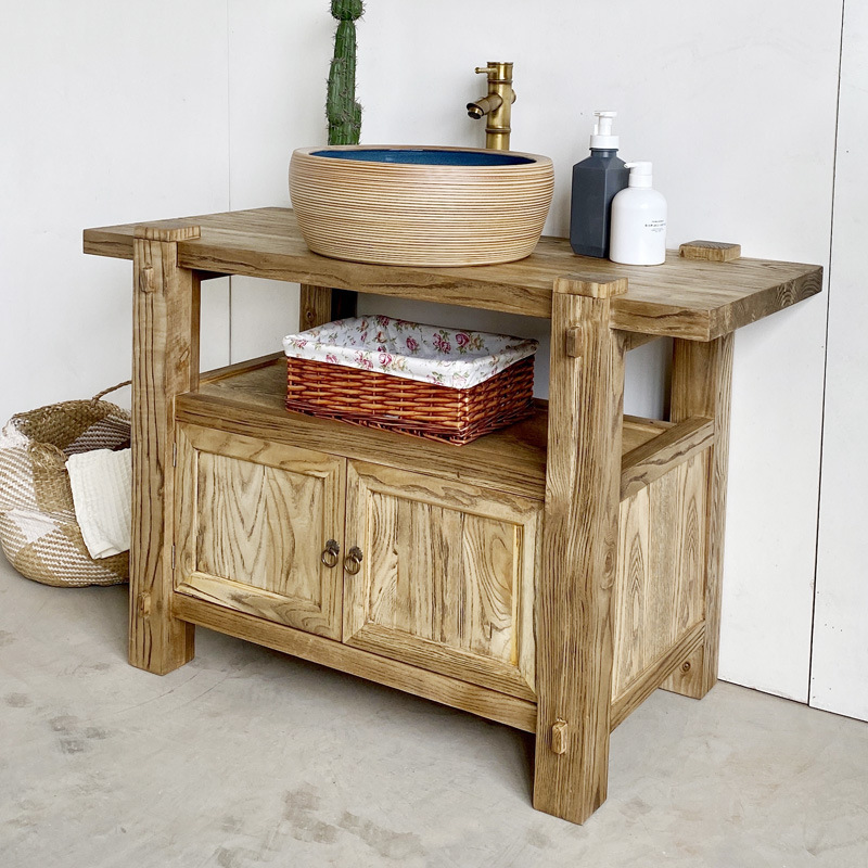 Pick up Leaked Retro Style Old Solid Wood Hand Washing Face Bathroom Cabinet Washing Chinese Antique Bathroom Cabinet Combination