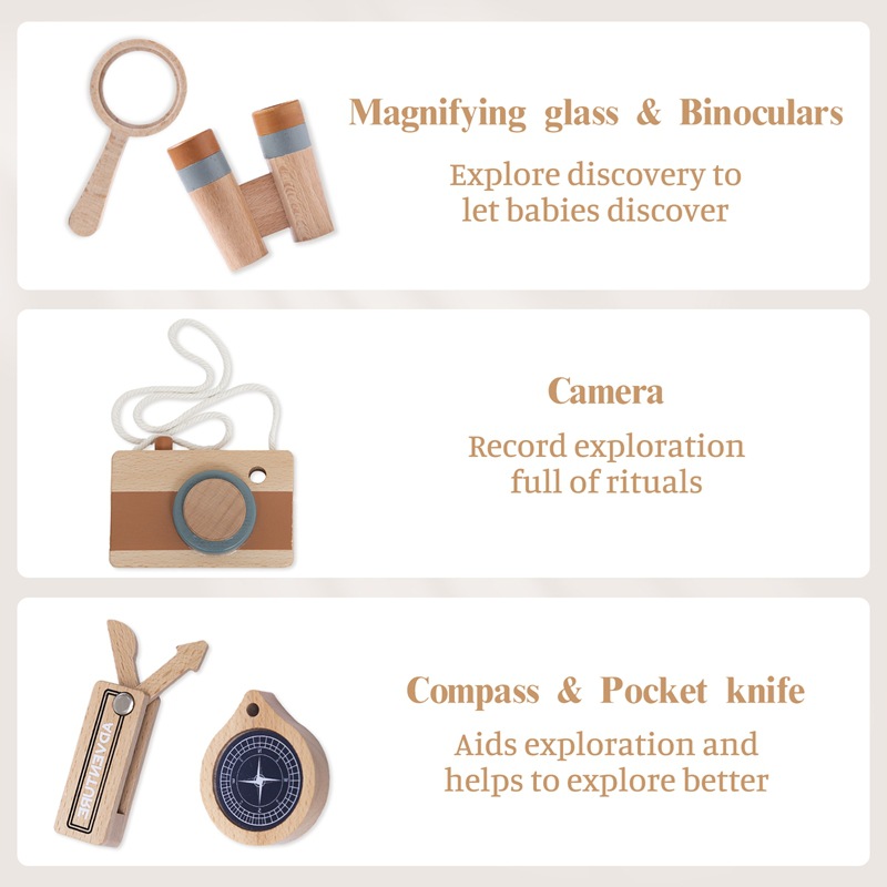 Juego de aventuras al aire libre divertido para niños, brújula de madera, lupa, cámara, educación temprana, juguetes cognitivos