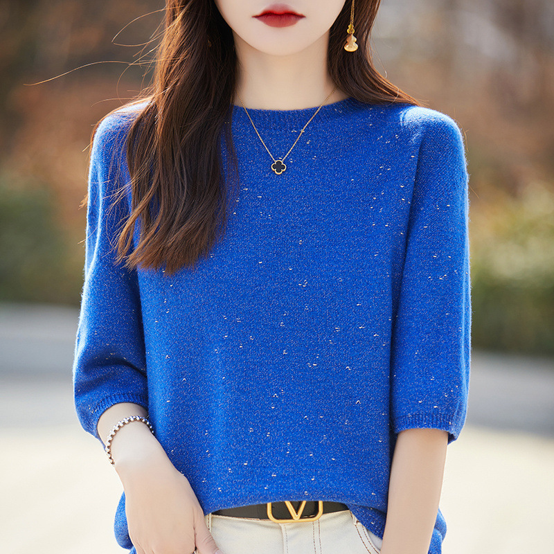 Gold Bean Yarn One-Line Readymade Seamless Half Sleeve Base Wool Sweater Low Crewneck Sweater Loose Lazy Short Sleeve Women