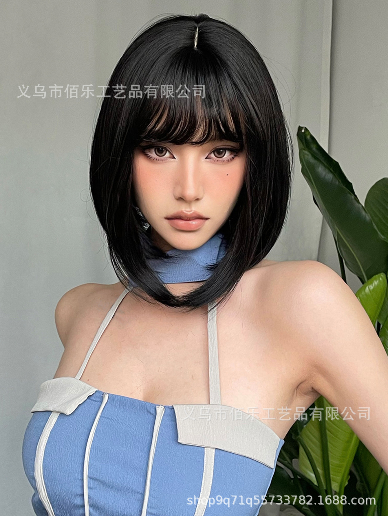 Peluca transfronteriza Qi flequillo cabeza de onda negra bobo pelo corto natural diario filamento químico fabricante spot wigs