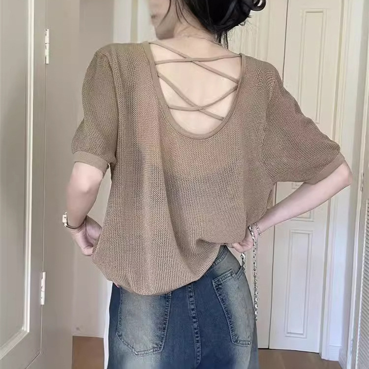 Ice Silk Knit Short-Sleeve T-Shirt for Women, Summer Hollow-Out Striped Regular Shoulder Top, Round Neck, Loose Fit, Slimming, Casual Cover-Up Ice Silk Knit Short-Sleeve T-Shirt for Women, Summer Hollow-Out Striped Regular Shoulder Top, Round Neck, Loose Fit, Slimming, Casual Cover-Up