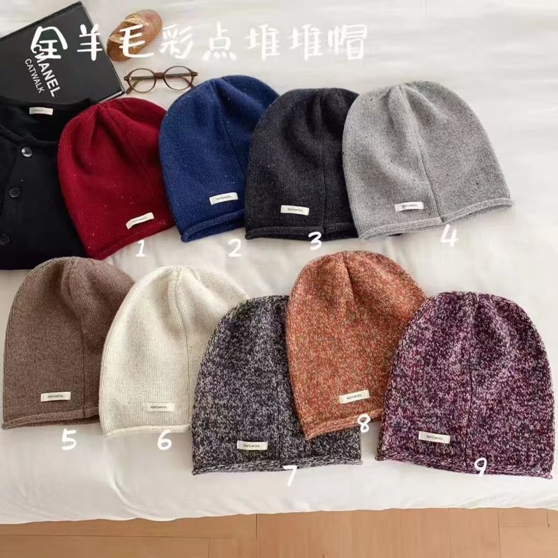 秋冬季100%羊毛堆堆帽简约彩点慵懒风包头帽高级感百搭大头围冷帽|undefined