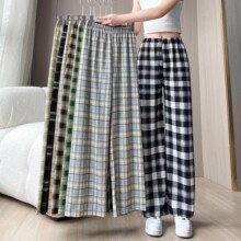 跨境格子裤女秋季垂感直筒裤子宽松显瘦睡裤高腰小个子格子阔腿裤