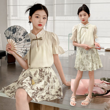 2024夏季新款女童韩版洋气新中式蝴蝶短裙套装中大儿童两件套代发