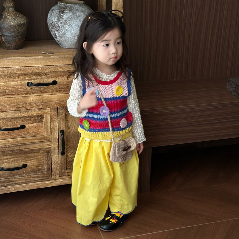 儿童套装秋2025新款甜美女童多巴胺针织背心蕾丝打底衫宝宝阔腿裤|undefined