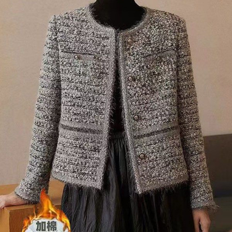 高级感轻奢灰色小香风外套女春秋2025新款加厚粗花呢短款开衫上衣