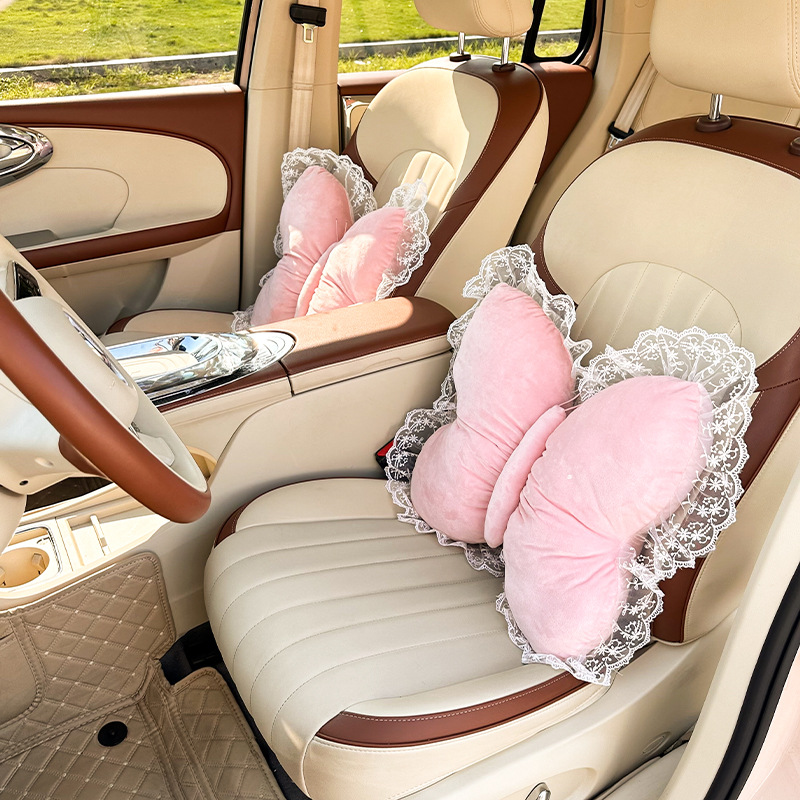 2026 New Car Accessories Plush Butterfly Headrest and Lumbar Support Pink Headrest and Lumbar Support