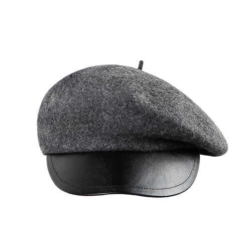 Autumn and winter hats for women, retro socialite color-blocking, Japanese-style leather brim, wool octagonal hat, British woolen versatile beret