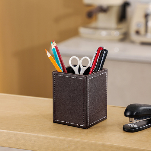 Leather pen holder ornaments office supplies storage gift desktop storage box creative square leather single pen holder printing