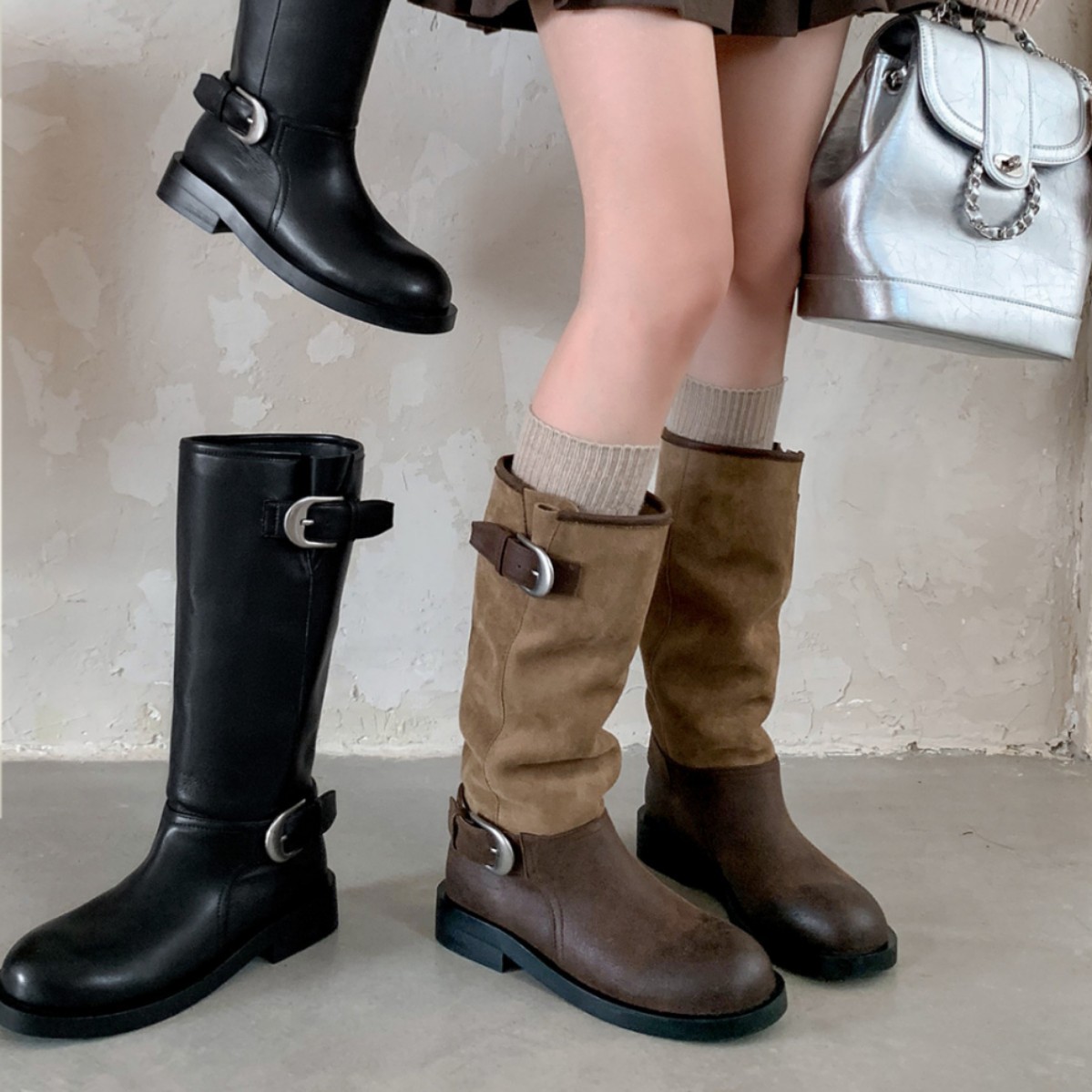 Cowhide Buckle Strap Motorcycle Boots, Long Boots, Women's Thick Heel, Round Toe Stitching, Western Boots, Pleated Pile Boots, Knight Boots