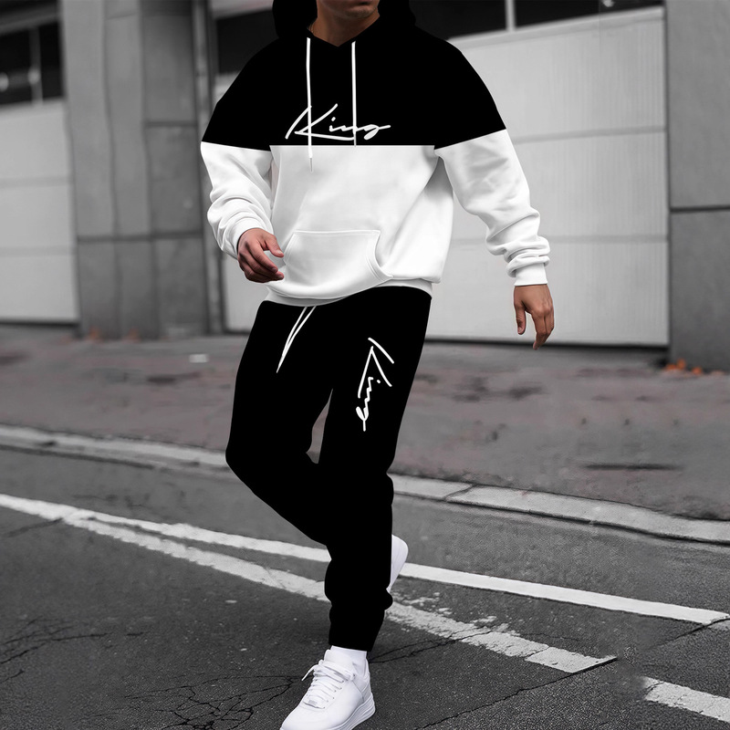 Autumn and Winter Men's Black and White Stripesd Splicing Letter Logo Printed Sports Suit Hooded Sweatshirt + Sweatpants 2 Pieces Full Body