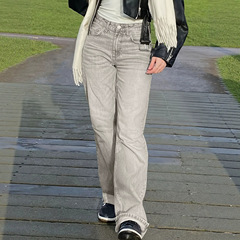 oversize氛围感慵懒松弛波纹灰阔腿牛仔裤女高腰辣妹直筒牛仔长裤