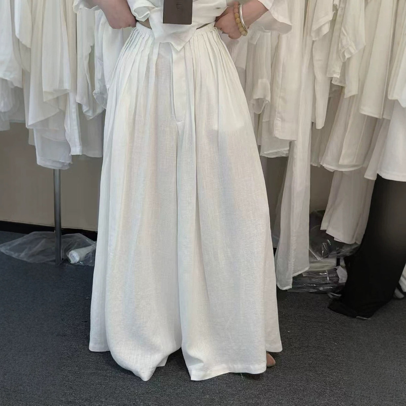 2026 Summer New Korean Style Elegant Slim-Fit Elastic Waist Plain Pleated Ultra-Loose Linen Floor-Length Wide-Leg Pants 2026 Summer New Korean Style Elegant Slim-Fit Elastic Waist Plain Pleated Ultra-Loose Linen Floor-Length Wide-Leg Pants