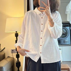 カラーボタンの綿糸の二重の綿糸のシャツの女性の長袖はゆったりしていて、やせています。
