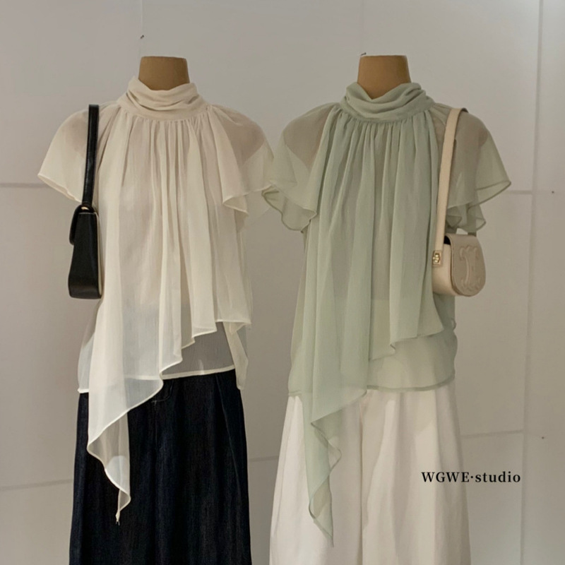 Wgwe9855 Guangzhou Shisanxing Women's Clothing 2026 Summer New French Style Irregular Design Short Sleeve Shirt Top