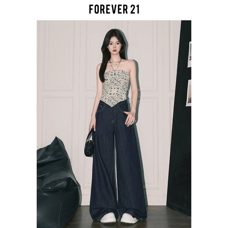 Forever 21 American-Style Dark Blue High-Waisted Wide-Leg Jeans for Women, Summer Loose-Fitting Slimming Straight-Leg Pants