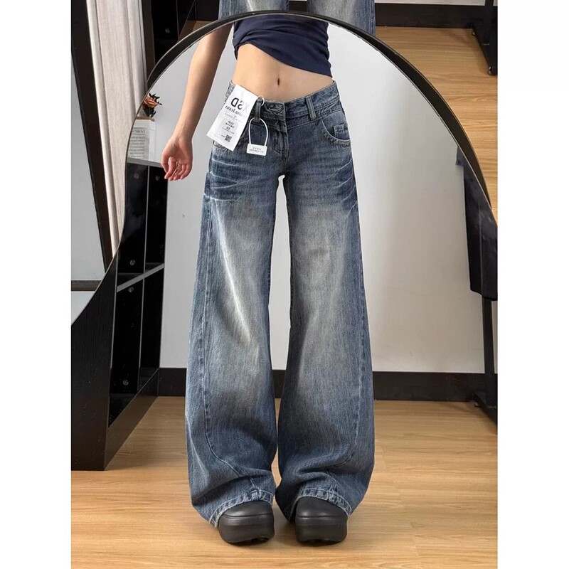 Vintage Distressed White-Washed Jeans for Women, Spring and Autumn, Plus-Size, Low-Waist, Loose Fit, Slimming, Trendy, Floor-Length Pants Vintage Distressed White-Washed Jeans for Women, Spring and Autumn, Plus-Size, Low-Waist, Loose Fit, Slimming, Trendy, Floor-Length Pants