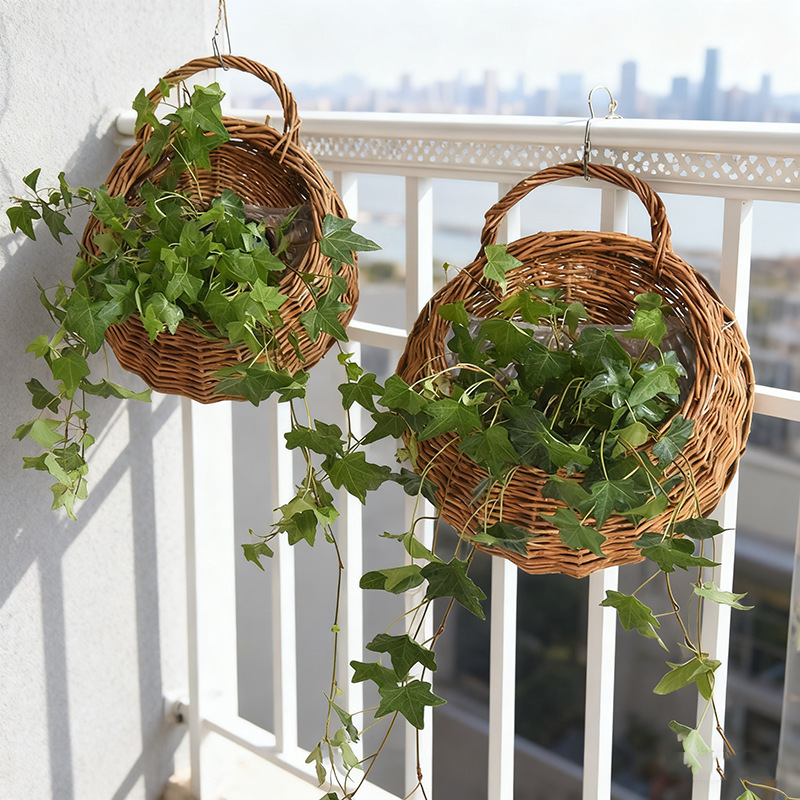 Rustic Rattan Wall-Mounted Flower Basket, Wall-Hanging Flower Pot, Plant Cultivation, Wicker Plant, Green Radish Hanging Planter, Hand-Woven Green Plant