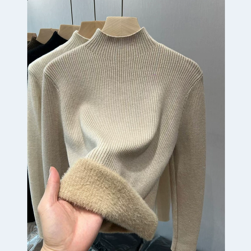 Зимняя флисовая утепленная трикотажная базовая кофта для женщин 2025, свитер-пуловер с интегрированным флисовым воротником-стойкой, теплая внутренняя подкладка.