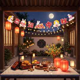 厂家现货街道店铺拉旗场景氛围布置道具中秋节装饰品布置挂饰拉旗