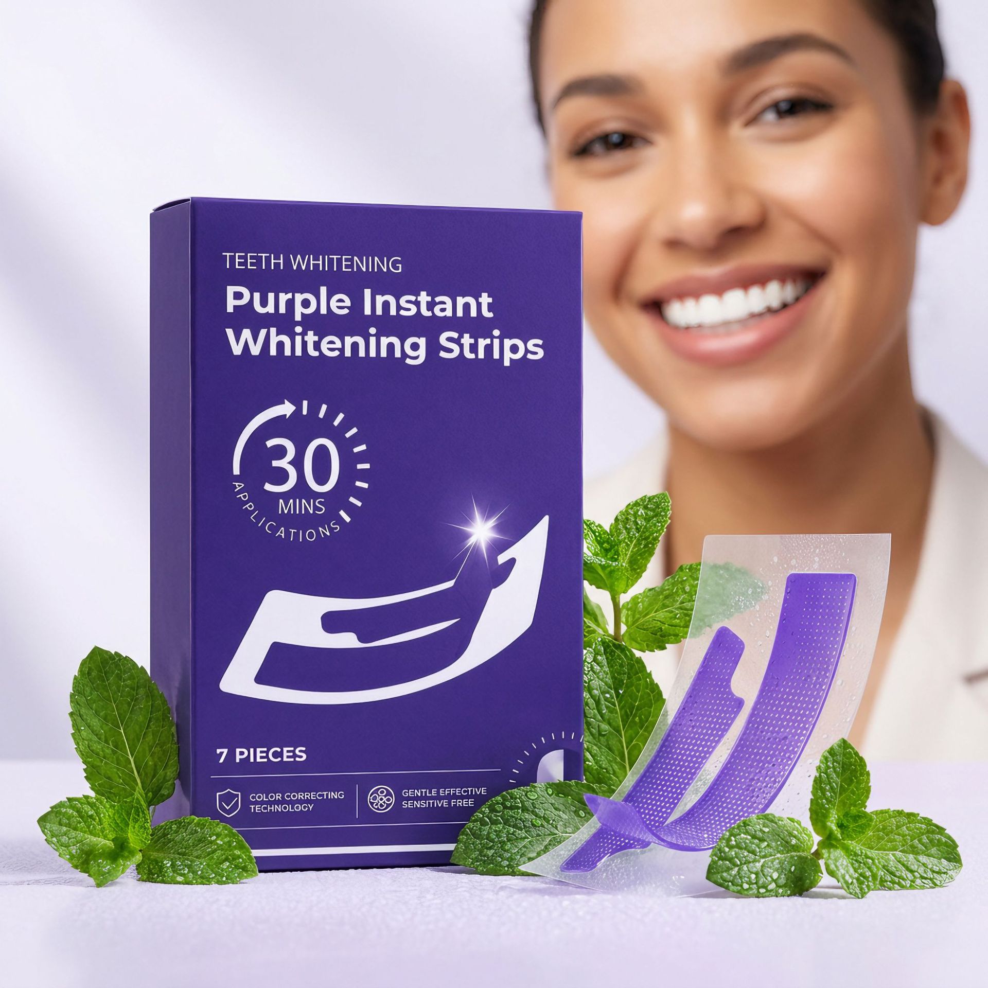Brightening dental strips for teeth cleaning, oral hygiene, and gum care, removing stains and leaving teeth with a radiant shine. Convenient to use