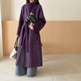 大牌秋冬休闲气质韩版立领双面羊毛外套腰带立领长款加厚保暖大衣