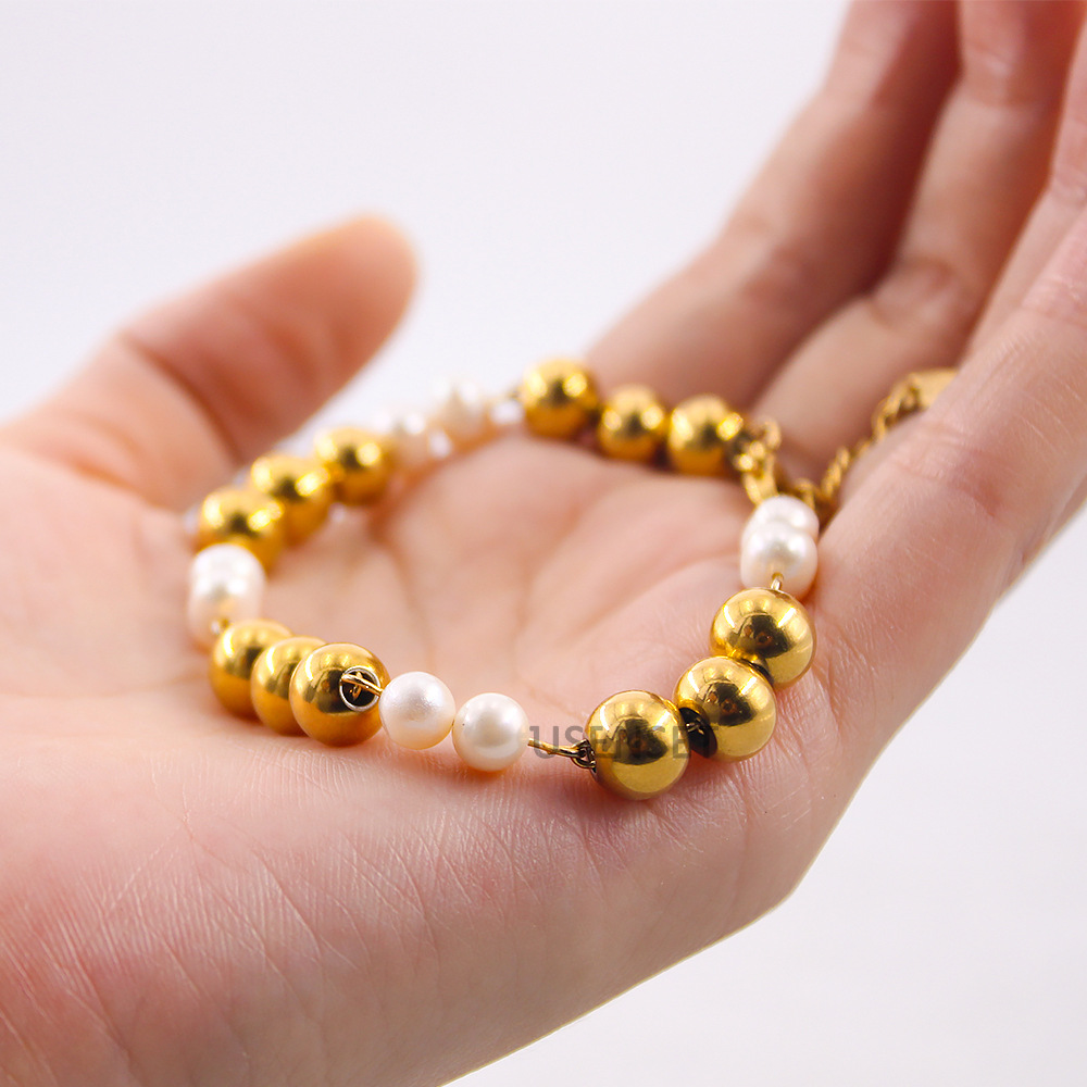 Retro Geometric Titanium Steel Gold Plated Pearl Bracelets