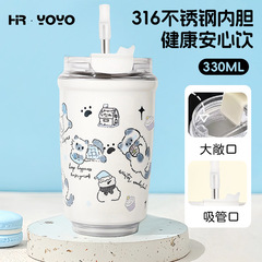 原创高颜值雪人可爱猫咪手绘网红大容量316不锈钢吸管保冷保温杯