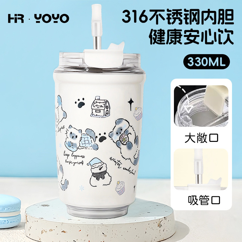 原创高颜值雪人可爱猫咪手绘网红大容量316不锈钢吸管保冷保温杯|undefined