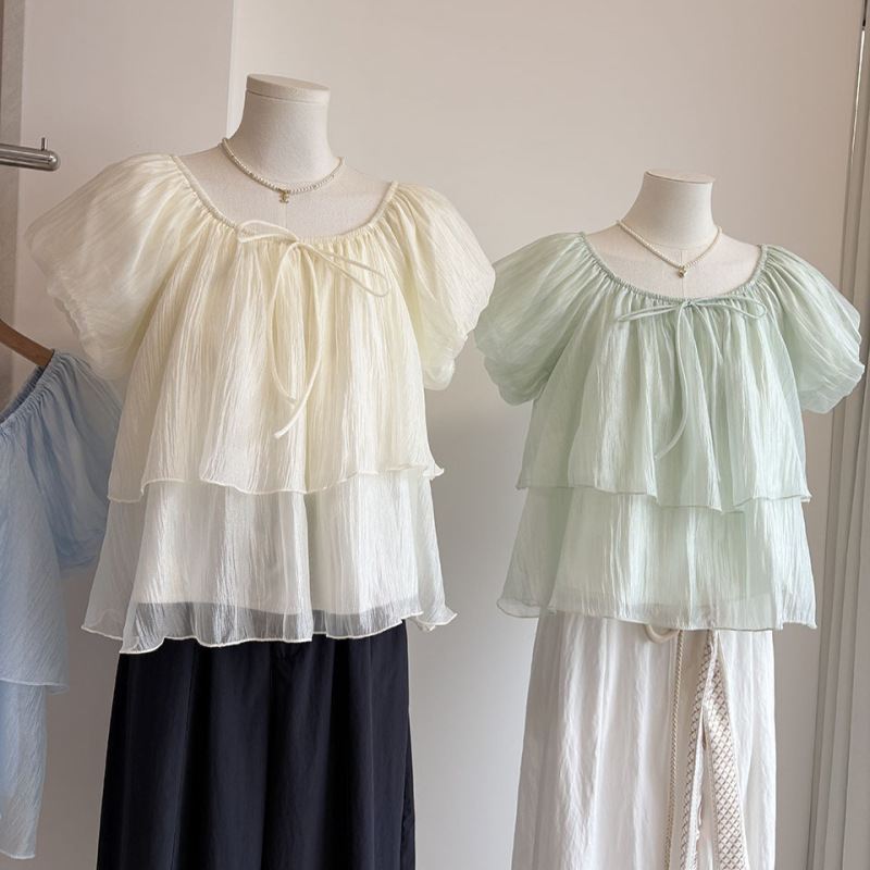 [Light Oxygen] 2026 Summer New Korean Style Ruffled Sweet Youthful Comfortable Easy-To-Wear Lantern Sleeve Shirt for Women 6772