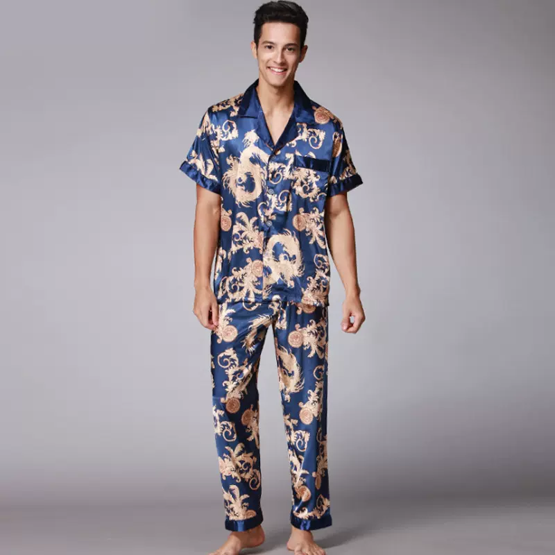 耀婷男士短袖长裤睡衣两件简约休闲套装春季印花丝绸家居服TZ033