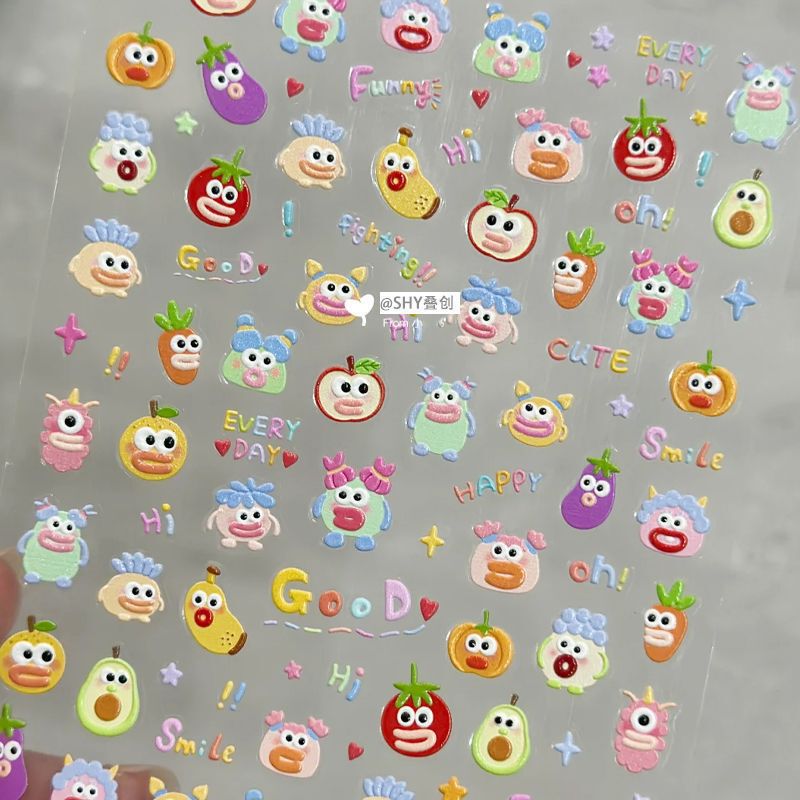 Cross-Border Korean Ins Style Plant Funny Nail Art Stickers 3D Cute Girls Nails Carrot Monster Nail Stickers