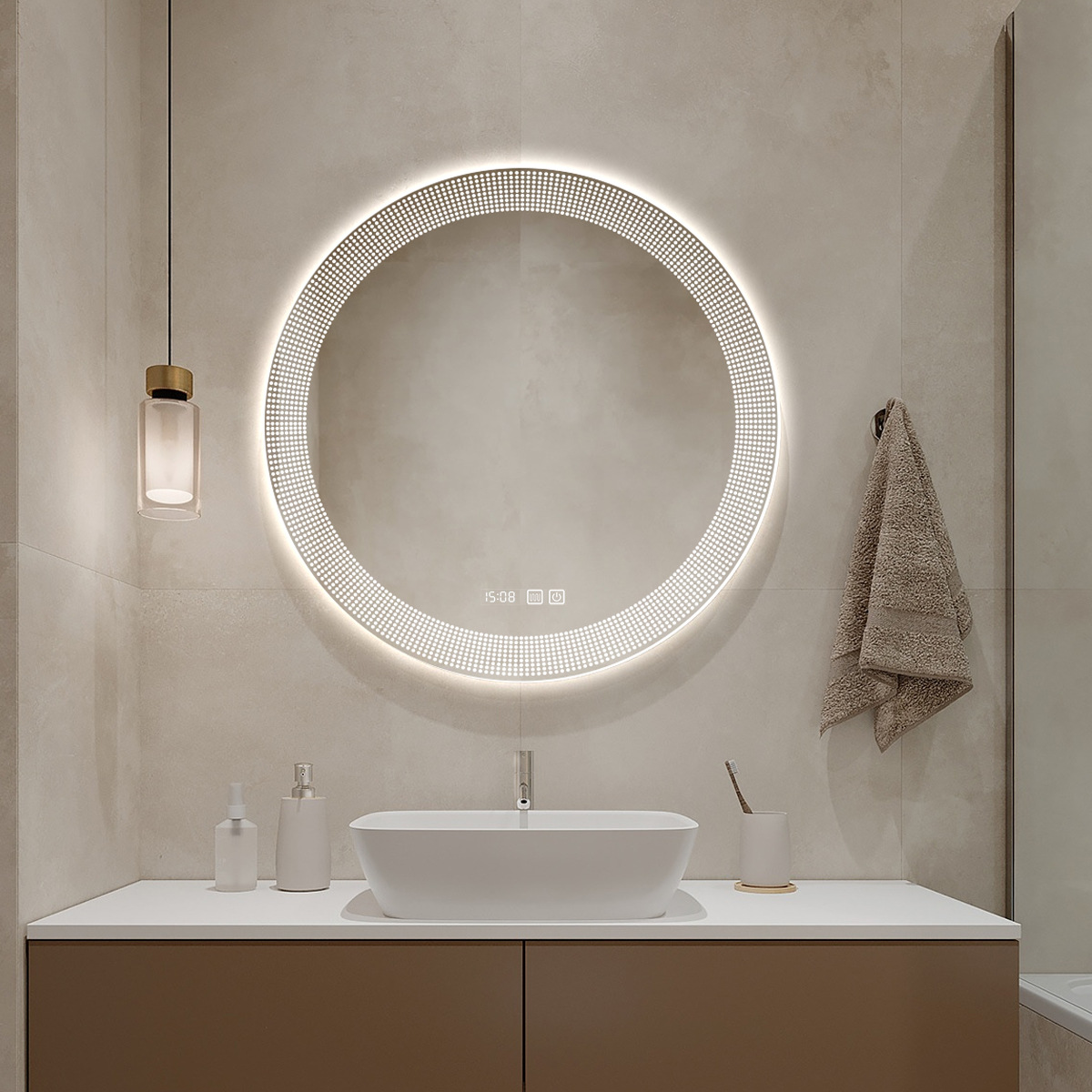 Barbería comercial, salón de belleza, espejo inteligente, espejo de baño doméstico, espejo de inodoro, espejo de baño redondo colgado en la pared