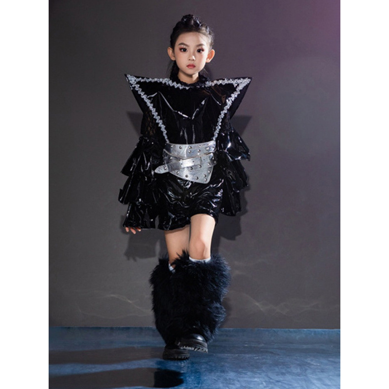 Girls' Motorcycle-Style Black Leather Outfit Trendy Performance Clothing Children's Cyberpunk Costume Metaverse Future Theme Runway Fashion Model Outfit