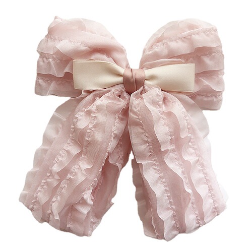 New French retro fungus edge chiffon bow children's pink girly style super fairy pressure clip hair accessories steel hair ring
