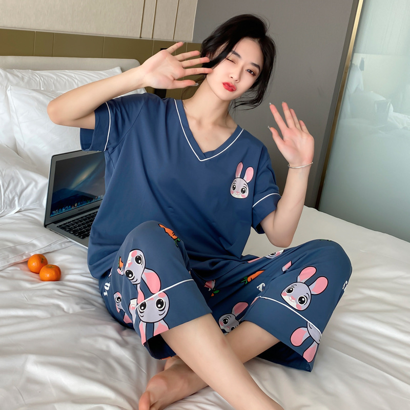Spring and Summer Large Size Cartoon Home Clothes Women's Thin Cotton Suit Large Size Short-Sleeved Nine-Point Pants Printed Two-Piece Suit