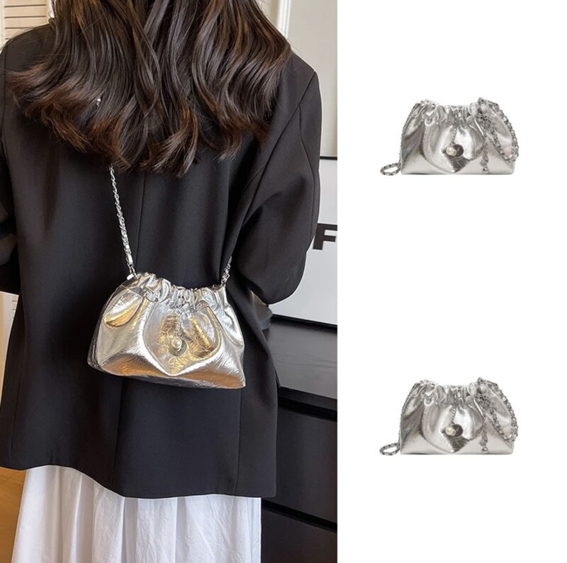 Summer High-end Sense Niche All-match Crossbody Chain Bag Women's 2024 New silver Drawstring Bucket Bag Cloud Bag