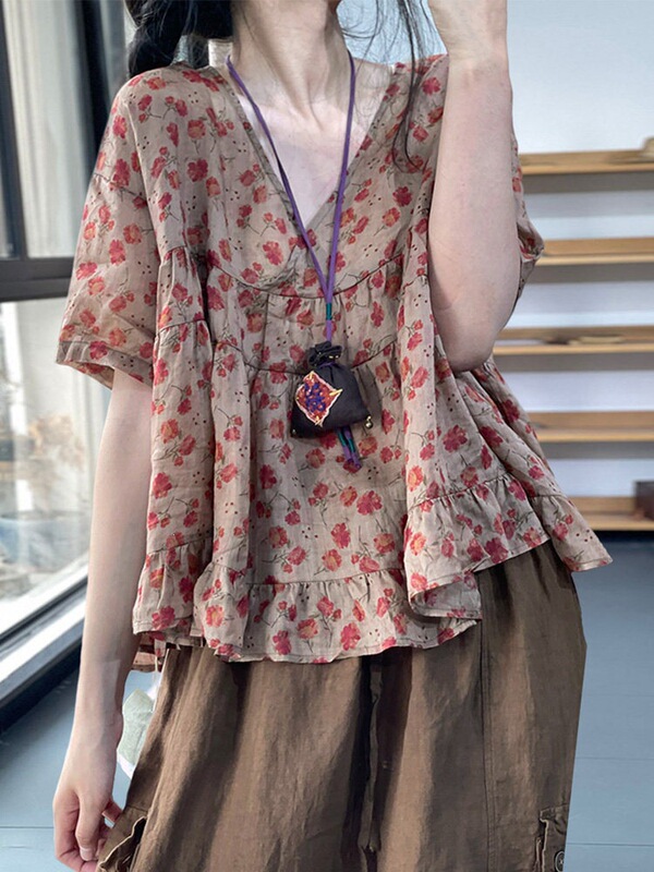Japanese High-End Export Surplus Vintage Mori-Style Floral Ramie Shirt for Women, Age-Reducing Babydoll Shirt Japanese High-End Export Surplus Vintage Mori-Style Floral Ramie Shirt for Women, Age-Reducing Babydoll Shirt