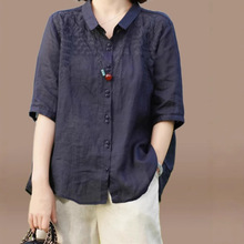 女士棉麻衬衫2025夏季薄款中年妈妈半袖高端天丝亚麻苎麻上衣品牌