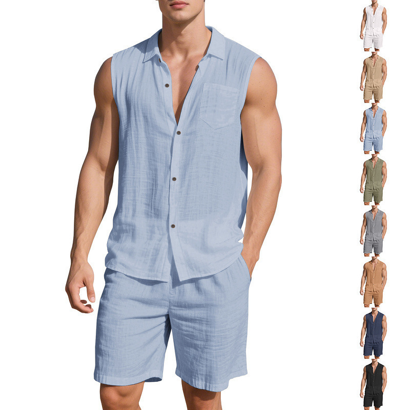 Cross-Border Men's Sleeveless Suit Linen Loose Casual Lapel Beach Vacation Style Sleeveless Shirt Shorts Suit for Men Cross-Border Men's Sleeveless Suit Linen Loose Casual Lapel Beach Vacation Style Sleeveless Shirt Shorts Suit for Men