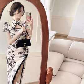 网红直播国风气质复古中长款收腰显瘦开叉蕾丝包臀裙会所茶馆工服