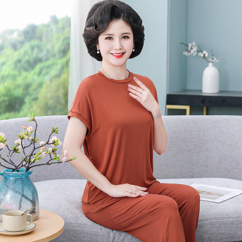 Modal Pajamas for Women's Summer Middle-aged Mother Outer Wear High-end Sense Cotton Large Size Short-sleeved Trousers Home Clothes for the Elderly