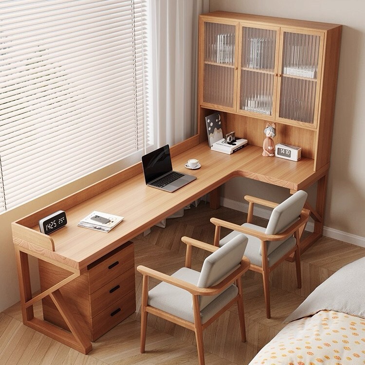 Glass Cabinet Door, All-Solid Wood Corner Desk and Bookshelf Combination, Home-Use L-Shaped Computer Desk, Corner 7-Shaped Children's Study Desk