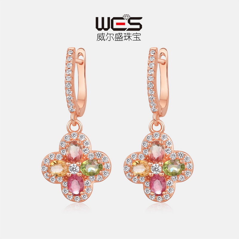 Pendientes de turmalina natural de trébol de cuatro hojas de la suerte fresca de verano S925 Pendientes de oro de 10K chapado en plata, lujo ligero europeo y americano