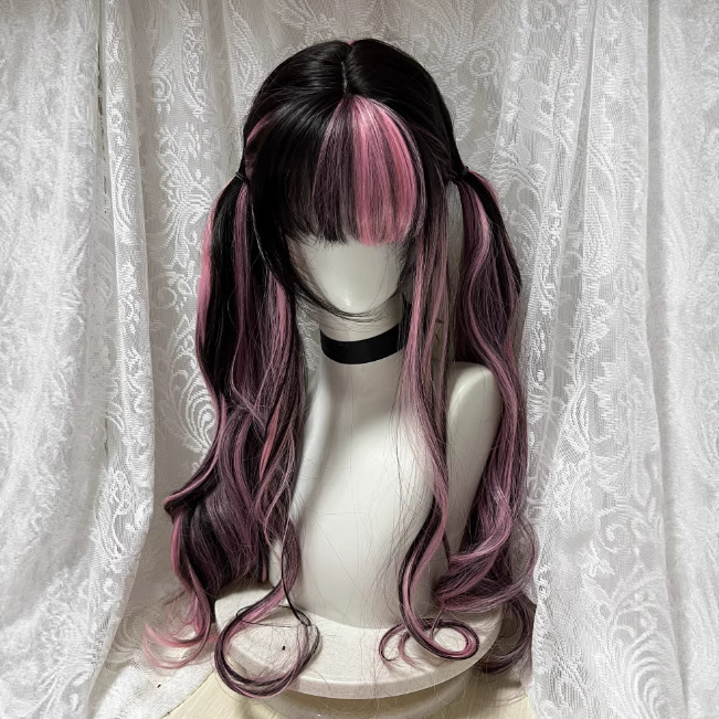 Xuchang ウィッグ 女性-サブカルチャー ブラック ピンク カーリーヘア ロリータ ロング カーリーヘア cos フルヘッドギア|undefined