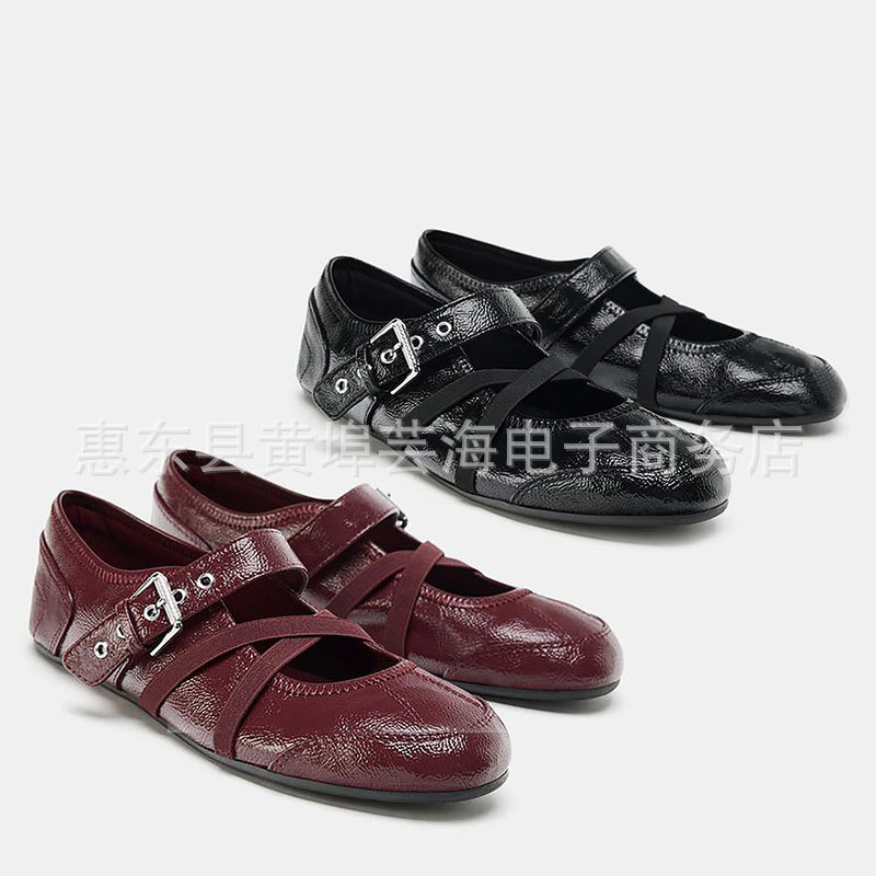Z家2026春夏新款黑色圆头单鞋漆皮玛丽珍平底鞋弹力带芭蕾舞鞋女