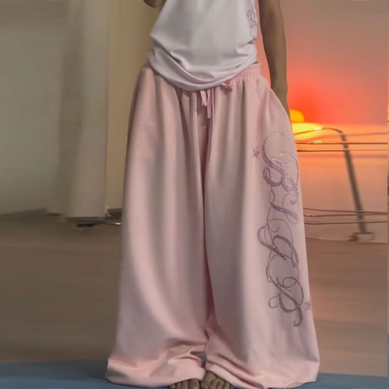High-waisted drawstring wide-leg pants with rhinestone embellishments, loose-fitting, floor-length, for sporty, trendy, jazz dance, and casual wear