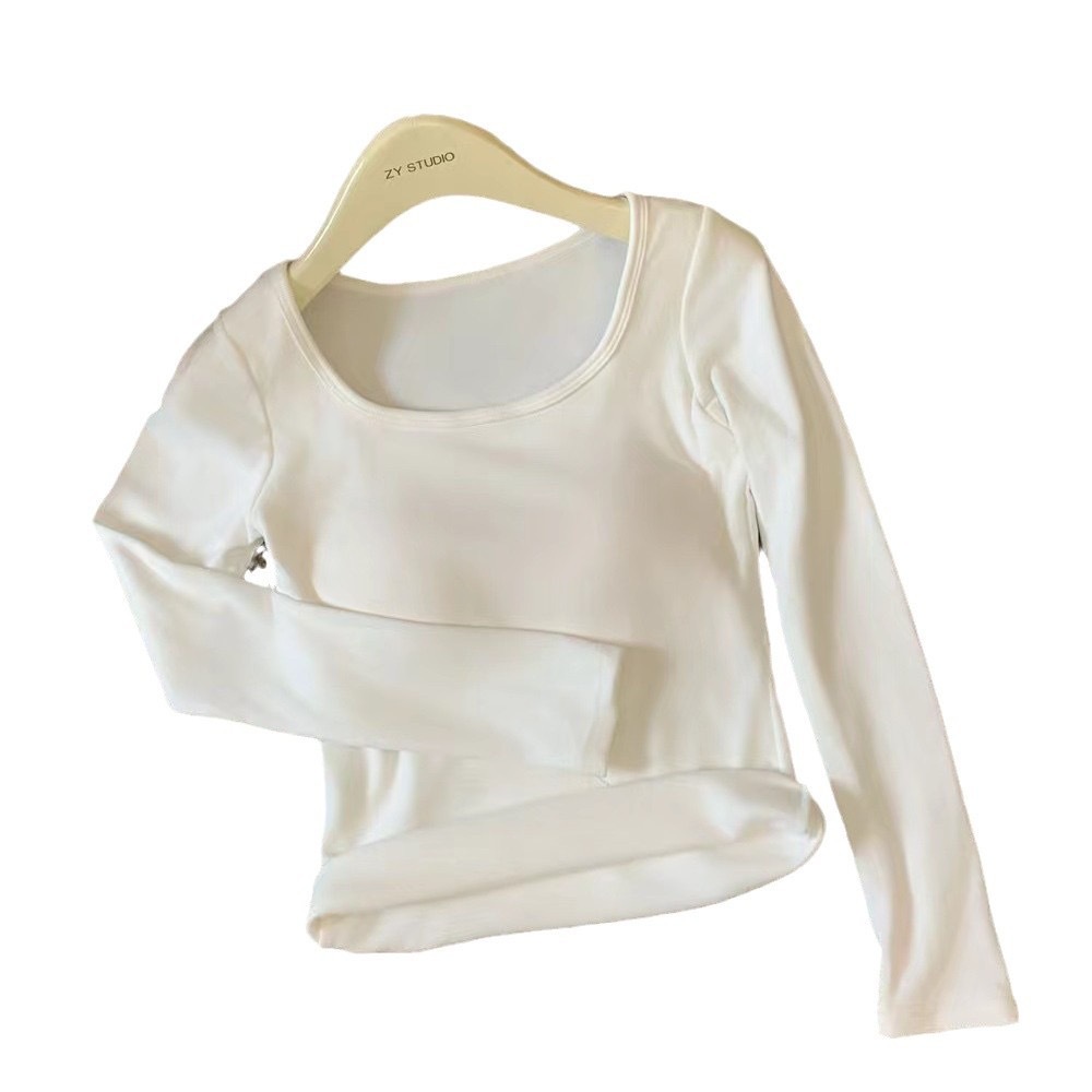 Otoño y invierno coreano abrasión ropa interior de cuello cuadrado con cojín de pecho caliente manga larga delgada camiseta de vestir en la camiseta